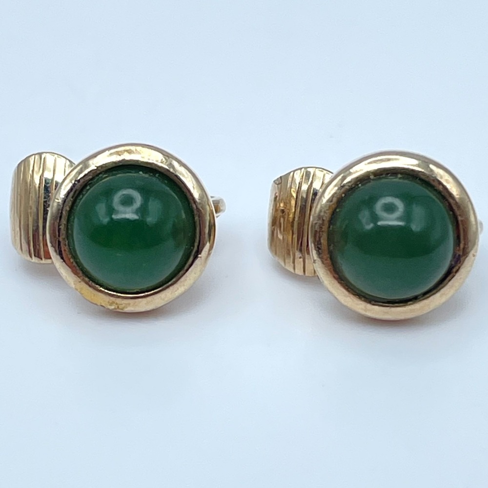 Vintage 90s Avon Gold Tone Green Faux Jade Cabochon Ribbed Earrings Jewelry